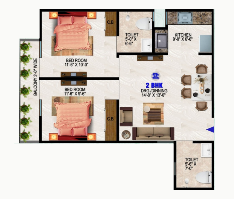 2 BHK 1000 sq.ft. floor plan