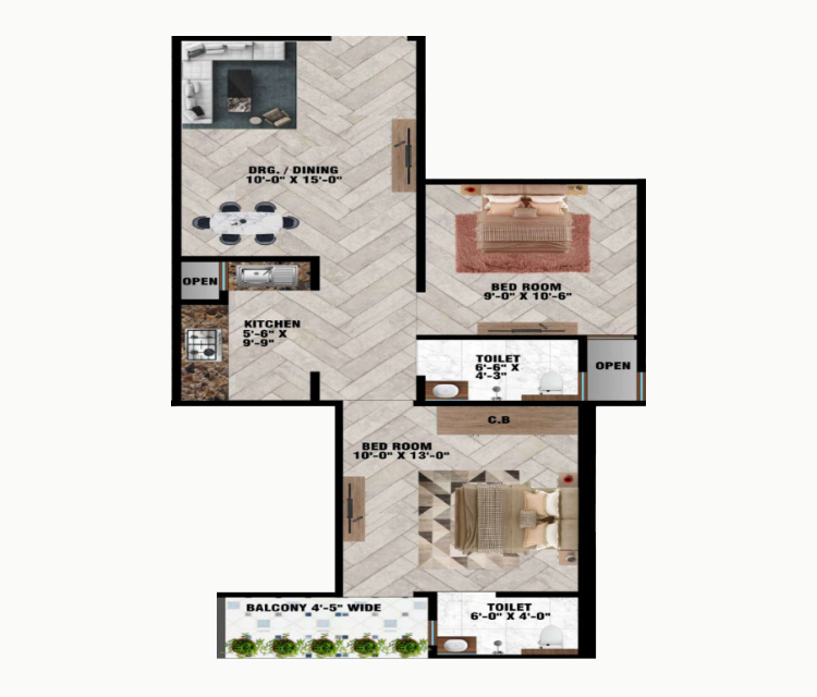 2 BHK Type 1, 1000 sq.ft. floor plan