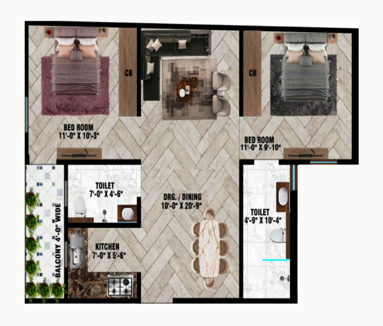 2 BHK Type 3, 1050 sq.ft. floor plan