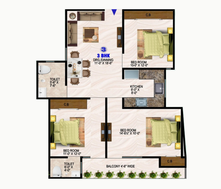 3 BHK 1400 sq.ft. floor plan