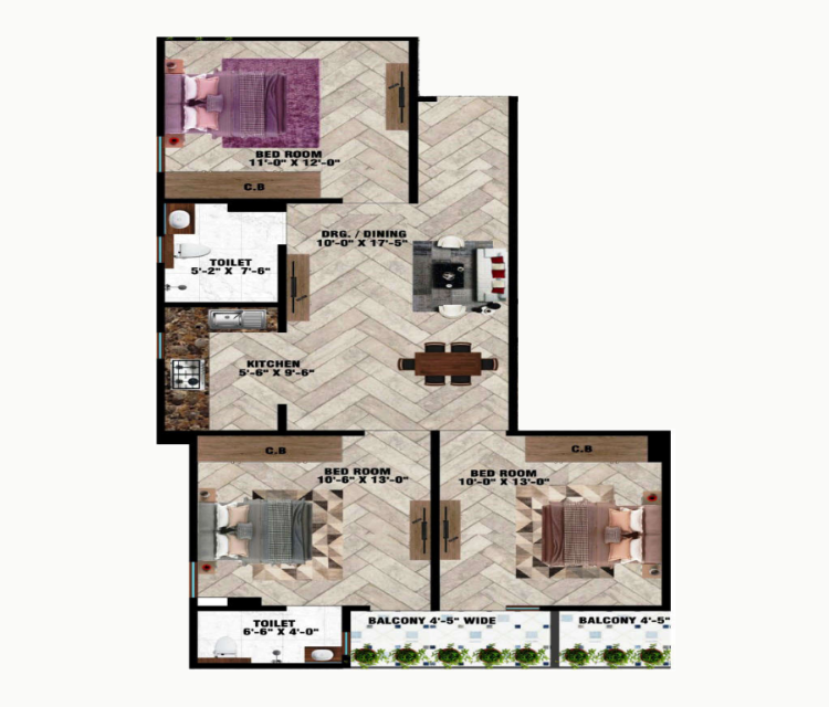3 BHK 1400 sq.ft. floor plan