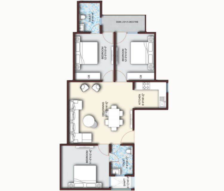 3 BHK Type 01 unit plan