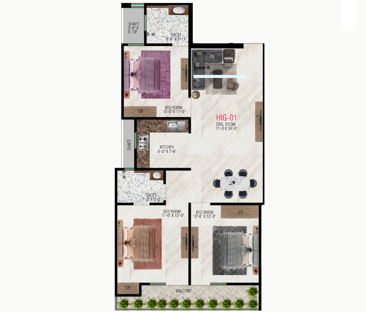 3 BHK Type 03 unit plan