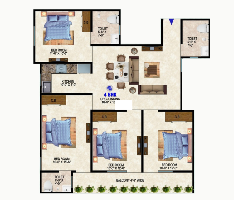 4 BHK 1750 sq.ft. floor plan