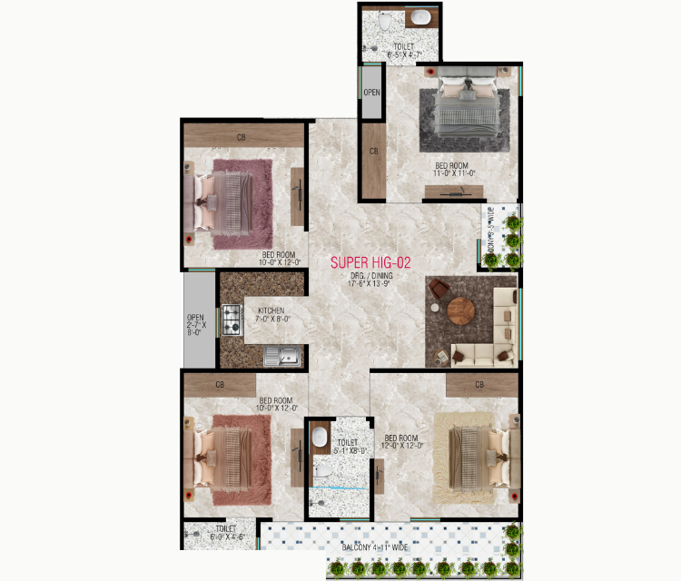 4 BHK Type 1 and 2 unit plan